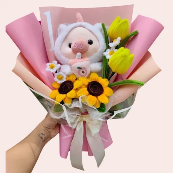Ramo con Peluche, Tulipanes y Girasoles en Limpiapipas